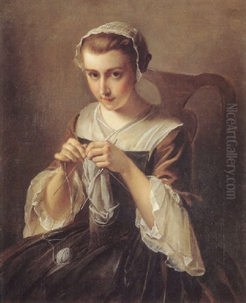 Portrait Of A Young Girl Knitting Oil Painting by Philip Mercier