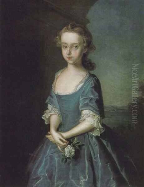 Portrait Of Maria Elizabeth Graham Of Woodhall Wearing A Blue Dress And Holding A Rose Oil Painting by Philip Mercier