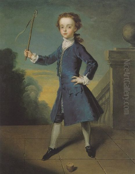 Portrait Of A Boy Wearing A Blue Coat, With A Spinning Top by Philip Mercier