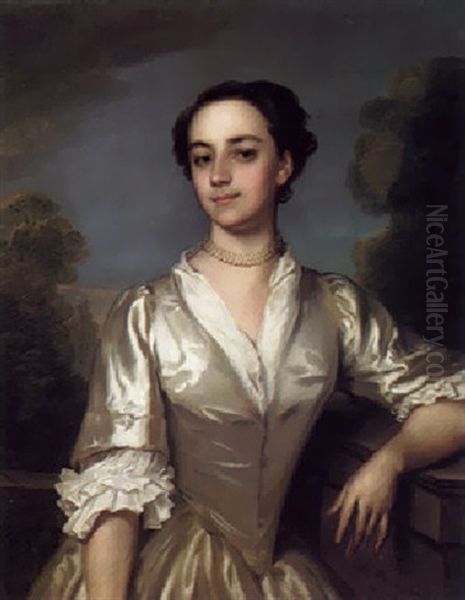 Portrait Of Susanna Barnes Wearing A Silver Silk Dress, With A Landscape Beyond by Philip Mercier