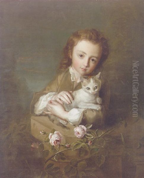 A Boy Holding A Kitten In A Landscape Oil Painting by Philip Mercier