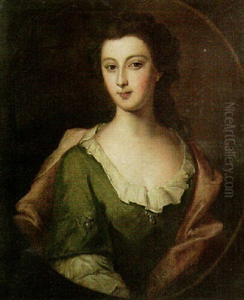 Portrait Of A Lady Wearing A Green Dress And Red Shawl Oil Painting by Philip Mercier