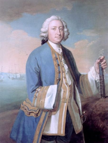 Portrait Of Captain David Brodie In A Blue Coat, Holding A Telescope, Shipping Beyond Oil Painting by Philip Mercier