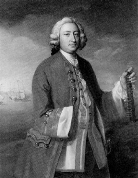 Portrait Of Captain David Brodie Holding A Telescope, Shipping Beyond Oil Painting by Philip Mercier