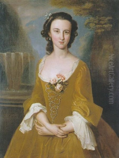 Portrait Of Mrs. Quarles Harris, Three Quarter Length, In A Garden With A Fountain Beyond by Philip Mercier