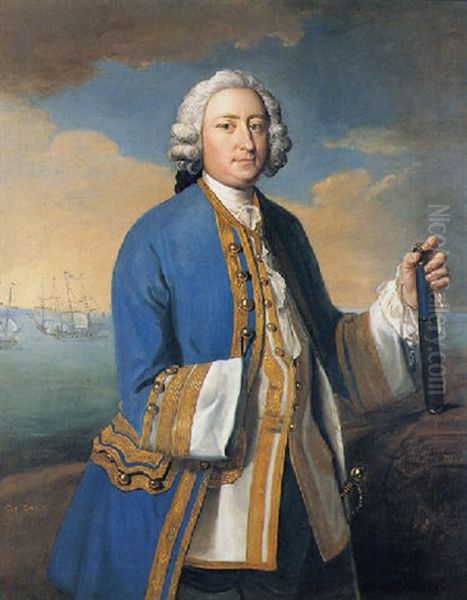 Portrait Of Captain David Brodie Wearing A Blue And Gold Thread Edged Coat, Holding A Telescope, Shipping Beyond Oil Painting by Philip Mercier