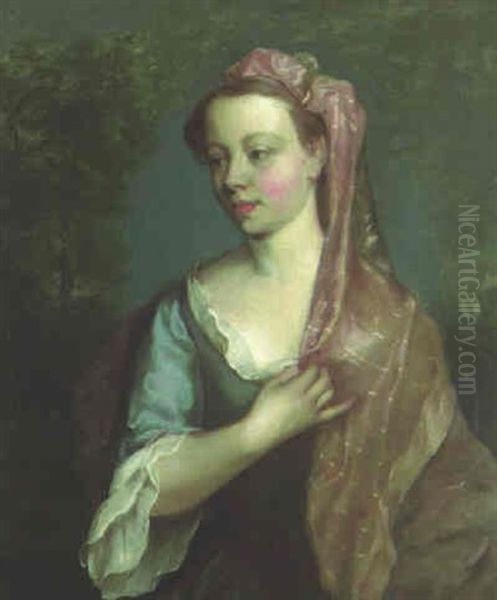 Portrait Of A Lady In A Blue Dress With A Lilac Headscarf Oil Painting by Philip Mercier