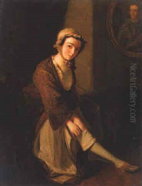 Portrait Of Clementina Walkinshaw Pulling On Her Stockings, A Portrait Of The Young Pretender Above by Philip Mercier