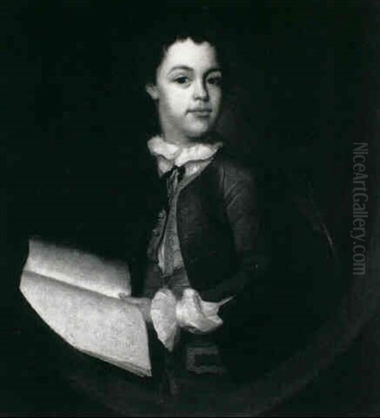 Portrait Of A Young Boy, Half-length, In A Blue Coat And    Red Waistcoat Holding A Book Oil Painting by Philip Mercier