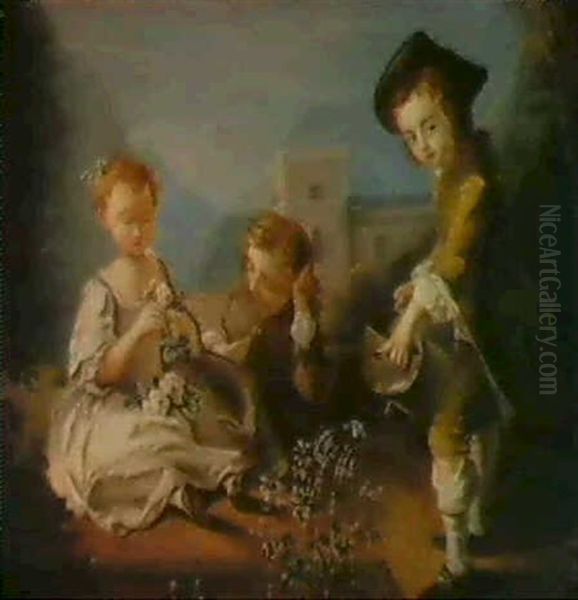 Three Children In A Garden Oil Painting by Philip Mercier