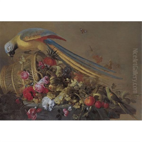 Still Life With An Overturned Basket On A Partly Draped Table, With Grapes, Plums, Oranges, Various Flowers, A Parrot And A Parakeet Oil Painting by Jacob Frans van der Merck