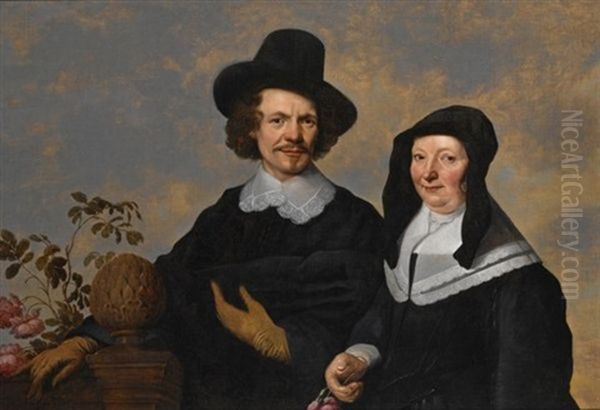 A Portrait Of A Gentleman, Bust Length, Wearing A Black Suit With A White Lace Collar And A Black Hat, Together With His Wife, Bust Length, Wearing A Black Dress With A Whit Oil Painting by Jacob Frans van der Merck