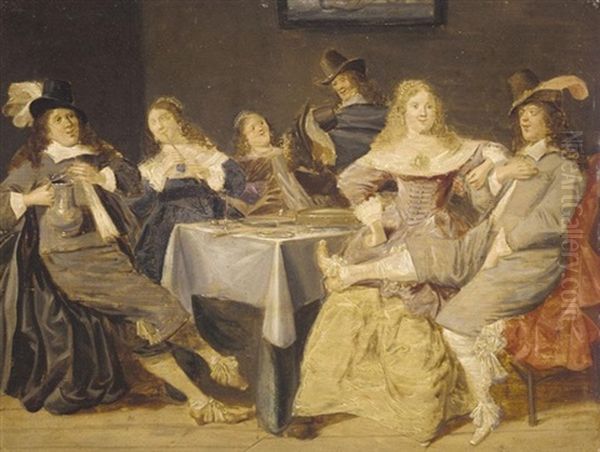 An Elegant Company In An Interior Drinking, Smoking And Merrymaking Oil Painting by Jacob Frans van der Merck