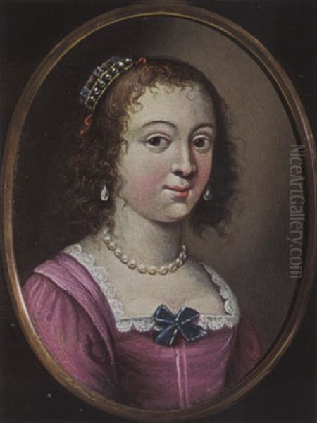 A Portrait Of A Lady Wearing A Pink Dress With Pearl Jewellery And Bonnet Oil Painting by Jacob Frans van der Merck