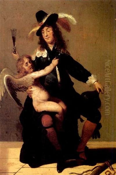 A Gentleman Drinking With Cupid Oil Painting by Jacob Frans van der Merck