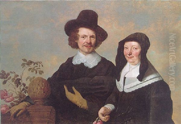 Portrait Of A Couple Wearing Black, His Right Hand Resting On A Balustrade With Roses Behind, Her Right Hand Holding A Rose Oil Painting by Jacob Frans van der Merck