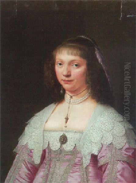 Portrait Of A Lady, In A Crimson Silk Embroidered Dress With Lace Trimmings And A Pearl Necklace Oil Painting by Jacob Frans van der Merck