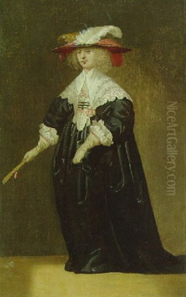 Portrait Of A Lady, Small Full-length, In A Black Dress And A Feathered Hat, Holding A Fan Oil Painting by Jacob Frans van der Merck