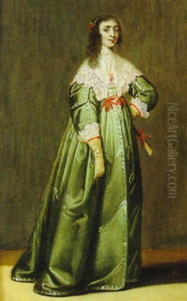 Portrait Of A Lady, In A Green Dress With Red Ribbons And A Lace Collar Oil Painting by Jacob Frans van der Merck