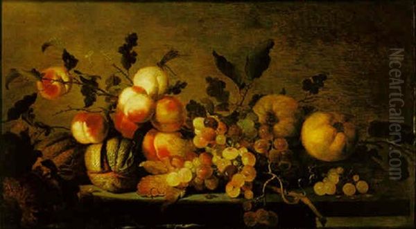 A Still Life Of Peaches, Grapes, Melons And Quinces On A Stone Ledge Oil Painting by Jacob Frans van der Merck