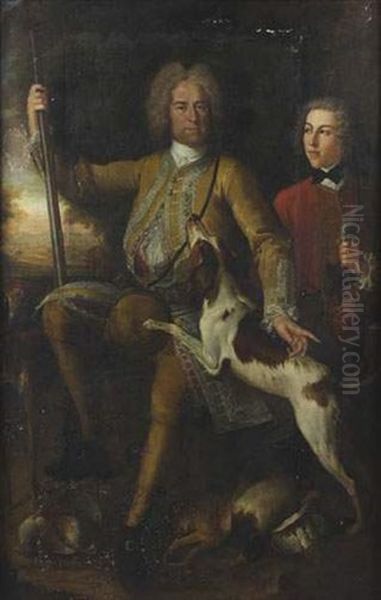 Portrait De Chasseur Avec Son Valet Et Ses Chiens Oil Painting by Pierre Paul Merelle