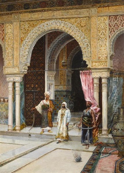 Moors In A Courtyard; Odalisque In A Moorish Courtyard (a Pair) Oil Painting by Rafael Blanco Merino