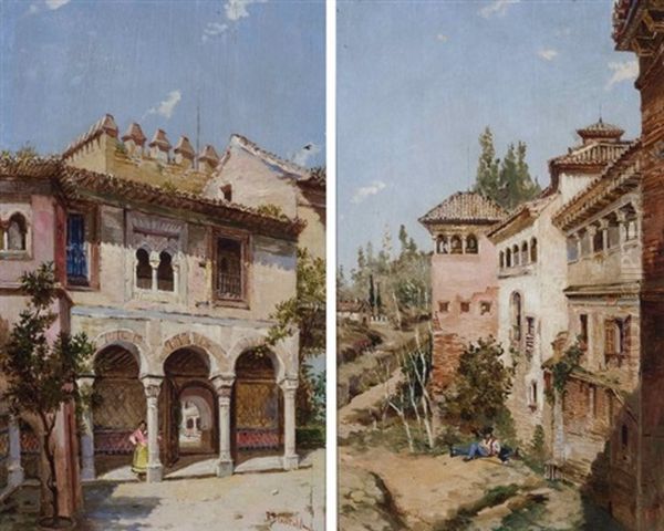 Spanish Street Scenes (pair) Oil Painting by Rafael Blanco Merino