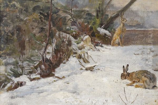 Winterliche Gartenpartie Mit Hasen Oil Painting by Edouard Paul Merite