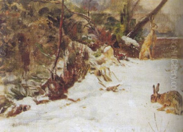 Zwei Hasen Im Vorgarten Oil Painting by Edouard Paul Merite