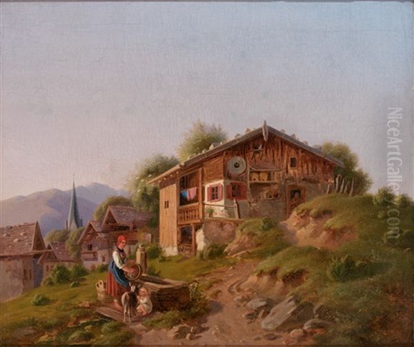 Blick Auf Malerisches Oberbayerisches Gehoft. Mutter Mit Kind Am Brunnen Oil Painting by Eduard Merk