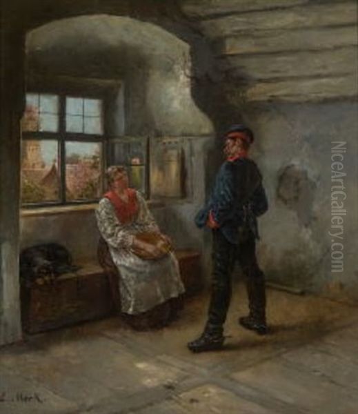 Magd Und Soldat In Der Stube Oil Painting by Eduard Merk