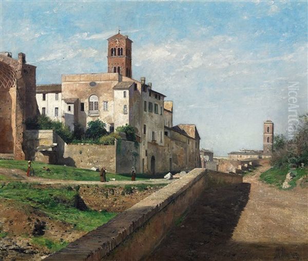 Am Palatin In Rom. Blick Auf Die Klosterkirche Santa Francesca Romana, Dahinter Das Tabularium Mit Turm Oil Painting by Max Merker