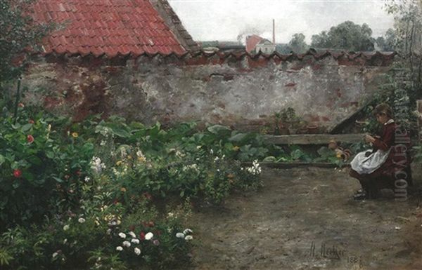 Junges Madchen Beim Stricken Im Garten Eines Lubecker Hinterhofes Oil Painting by Max Merker