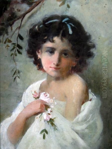 A Young Girl With Posy Of Flowers Oil Painting by Jean Baptiste Bertrand