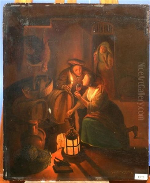 Wijnproeverij Bij Kaarslicht Oil Painting by Gerrit Arnoldus van Merkesteijn