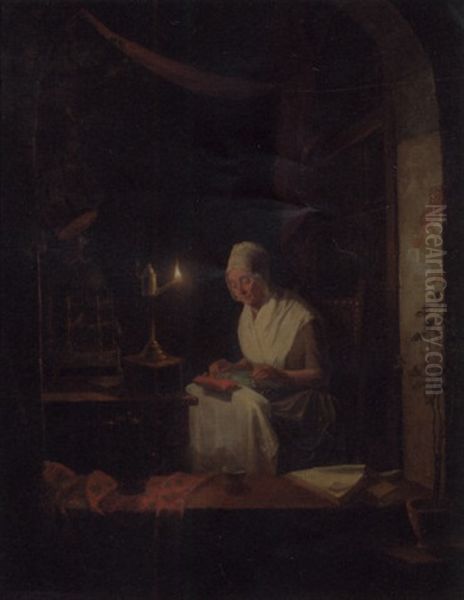 A Lady In An Interior Making Lace By The Light Of An Oil Lamp Oil Painting by Gerrit Arnoldus van Merkesteijn