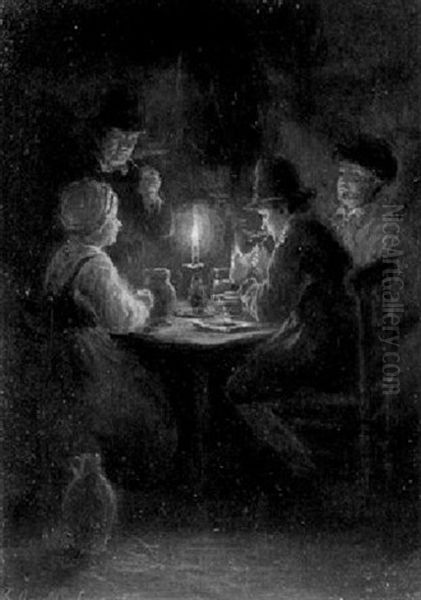 Figures At A Table By Candlelight Oil Painting by Gerrit Arnoldus van Merkesteijn