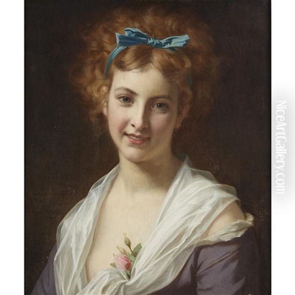 Woman With Blue Bow Oil Painting by Hugues Merle