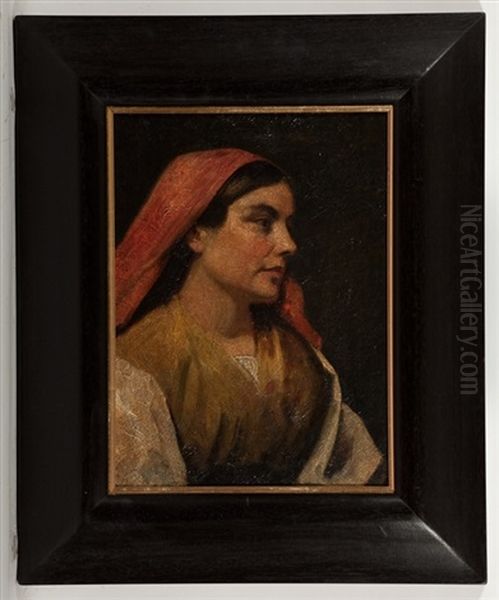 Girl With A Red Head Scarf Oil Painting by Hugues Merle