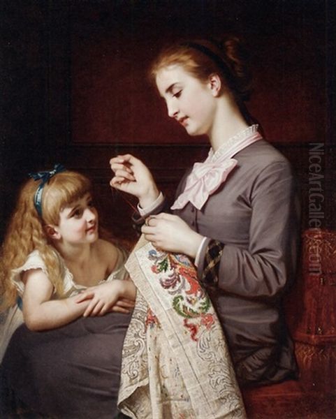 The Embroidery Lesson Oil Painting by Hugues Merle