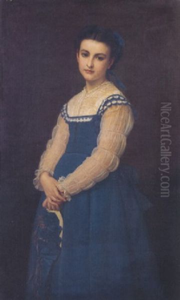 Portrait De Jeune Fille En Robe Bleue Oil Painting by Hugues Merle