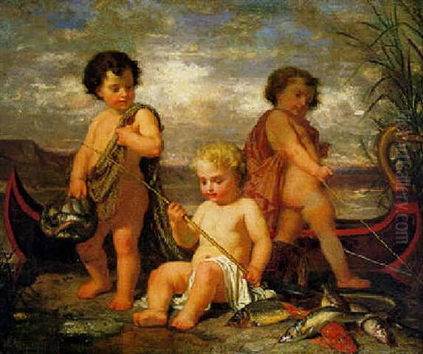 Putti With Their Catch Of Fish Oil Painting by Hugues Merle