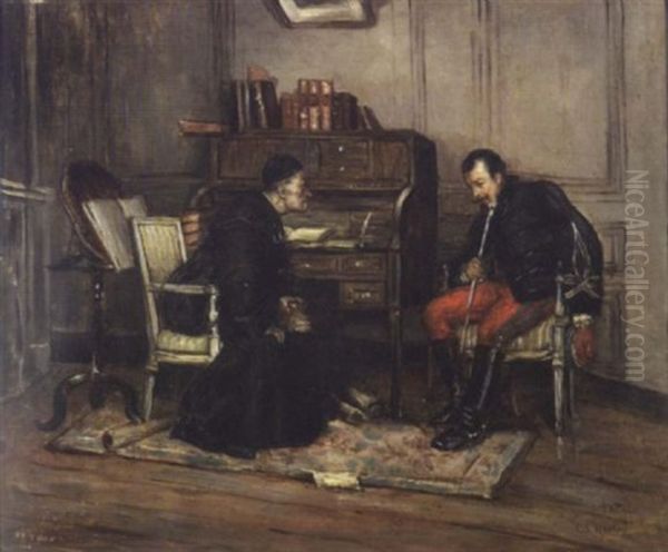 Officier Conversant Avec Un Abbe Dans Un Salon Oil Painting by Charles Merlette