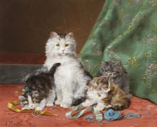 Cat And Her Kittens Playing With Ribbons Oil Painting by Daniel Merlin