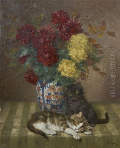 Bouquet De Fleurs Et Chats Oil Painting by Daniel Merlin