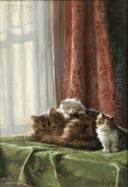 Mother Cat With Kittens Oil Painting by Daniel Merlin