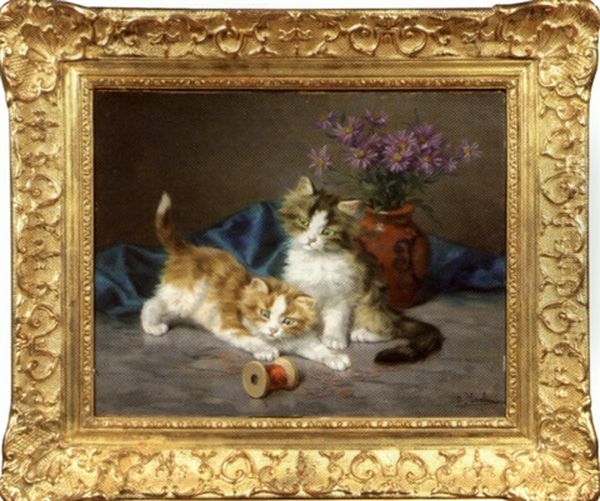 Deux Chatons Jouant Avec Une Bobine De Fil Oil Painting by Daniel Merlin