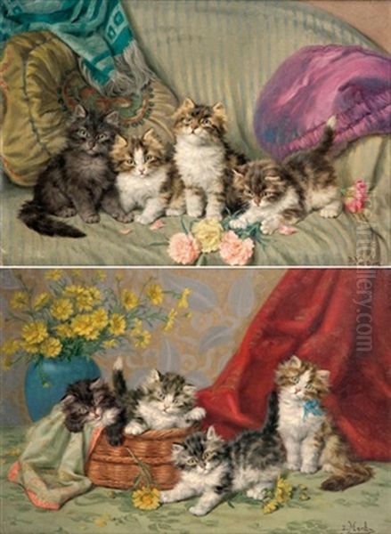 Chatons Au Panier D'osier (+ Chatons Aux Roses; 2 Works) Oil Painting by Daniel Merlin