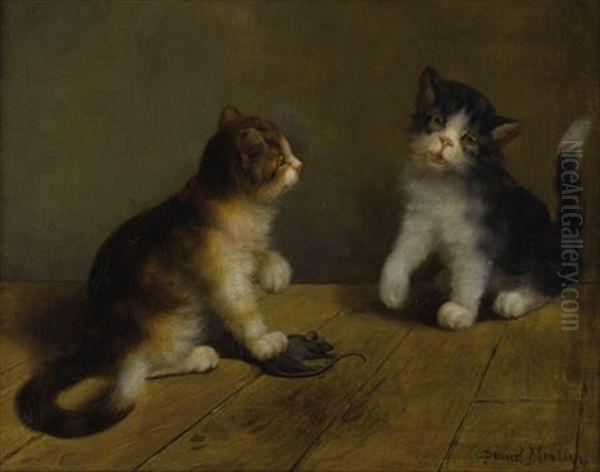 Kittens Playing With A Mouse Oil Painting by Daniel Merlin