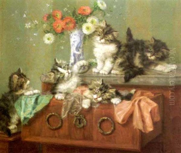 Chatons Jouant Sur Une Commode Oil Painting by Daniel Merlin